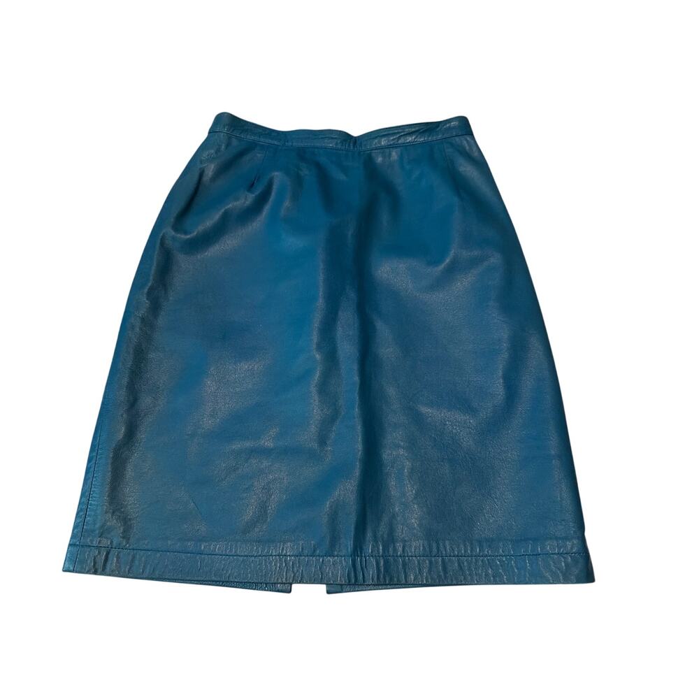 Vintage 80s Maglia Teal Genuine Leather Knee Length Pencil Skirt 10